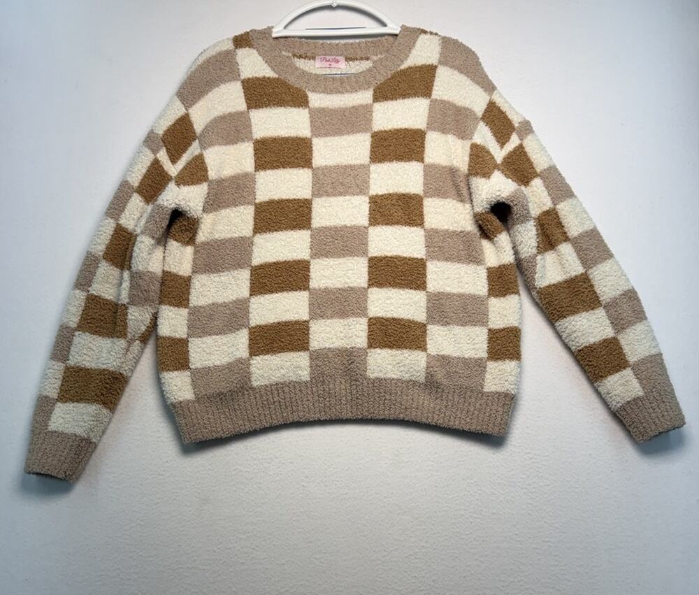 Pink Lily Crewneck Checkered Sweater Sz M Cream And Tan Teddy Bear Cozy Neutral